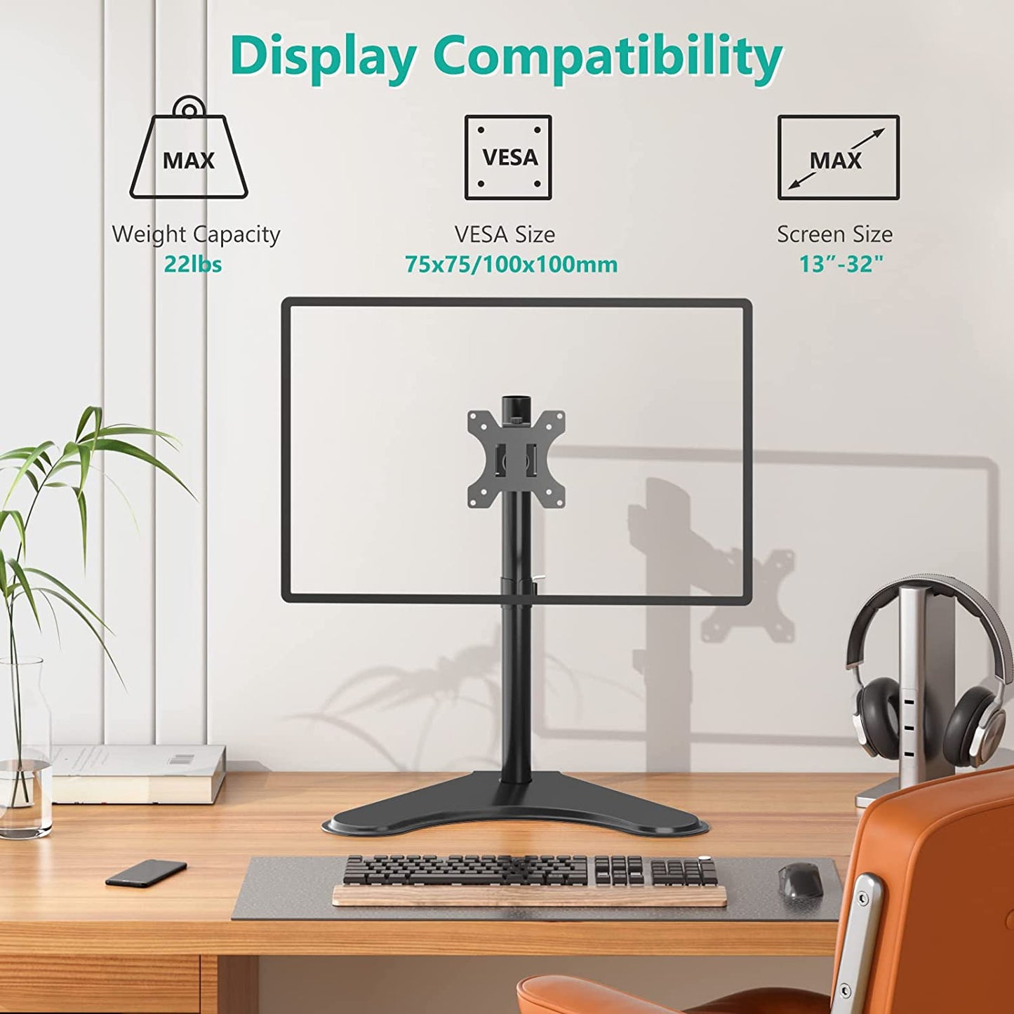 Single Monitor Stand for 13-32 Inch Computer Screens, Freestanding Single Monitor Arm Desk Mount, Universal VESA Monitor Mount 75X75/100X100Mm, Adjustable Height and Angle, (MF001), Black