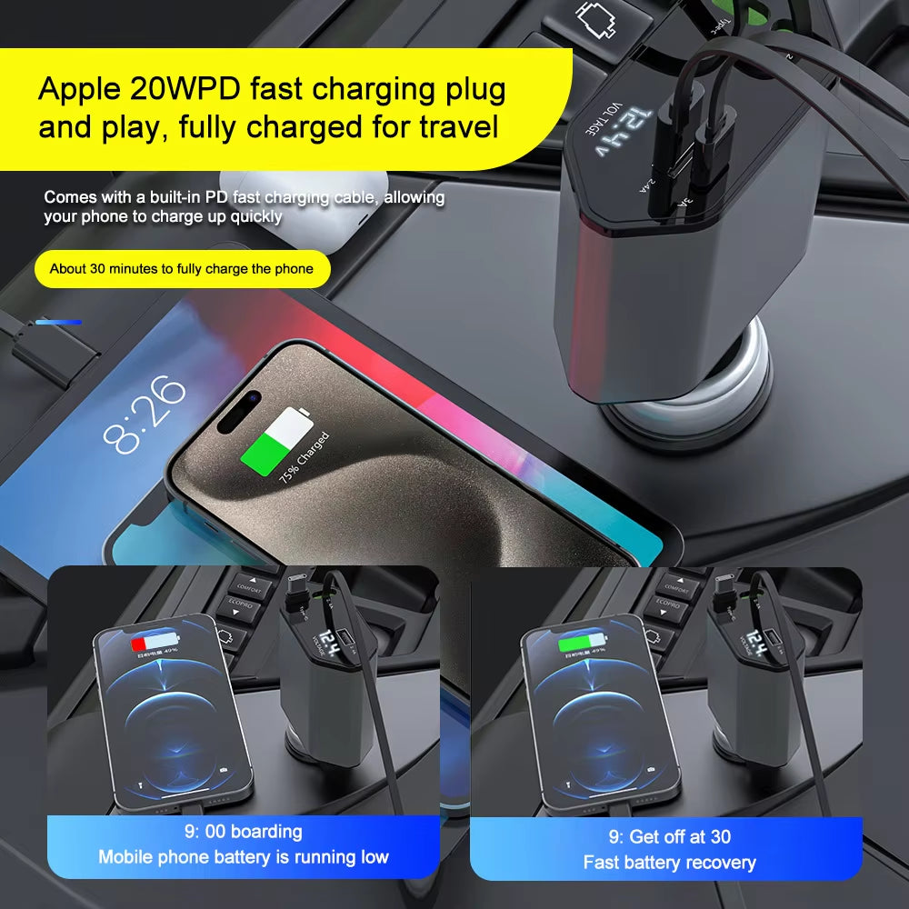 🔋 PD Car Charger 120W – 4 en 1 con Voltímetro y Carga Rápida