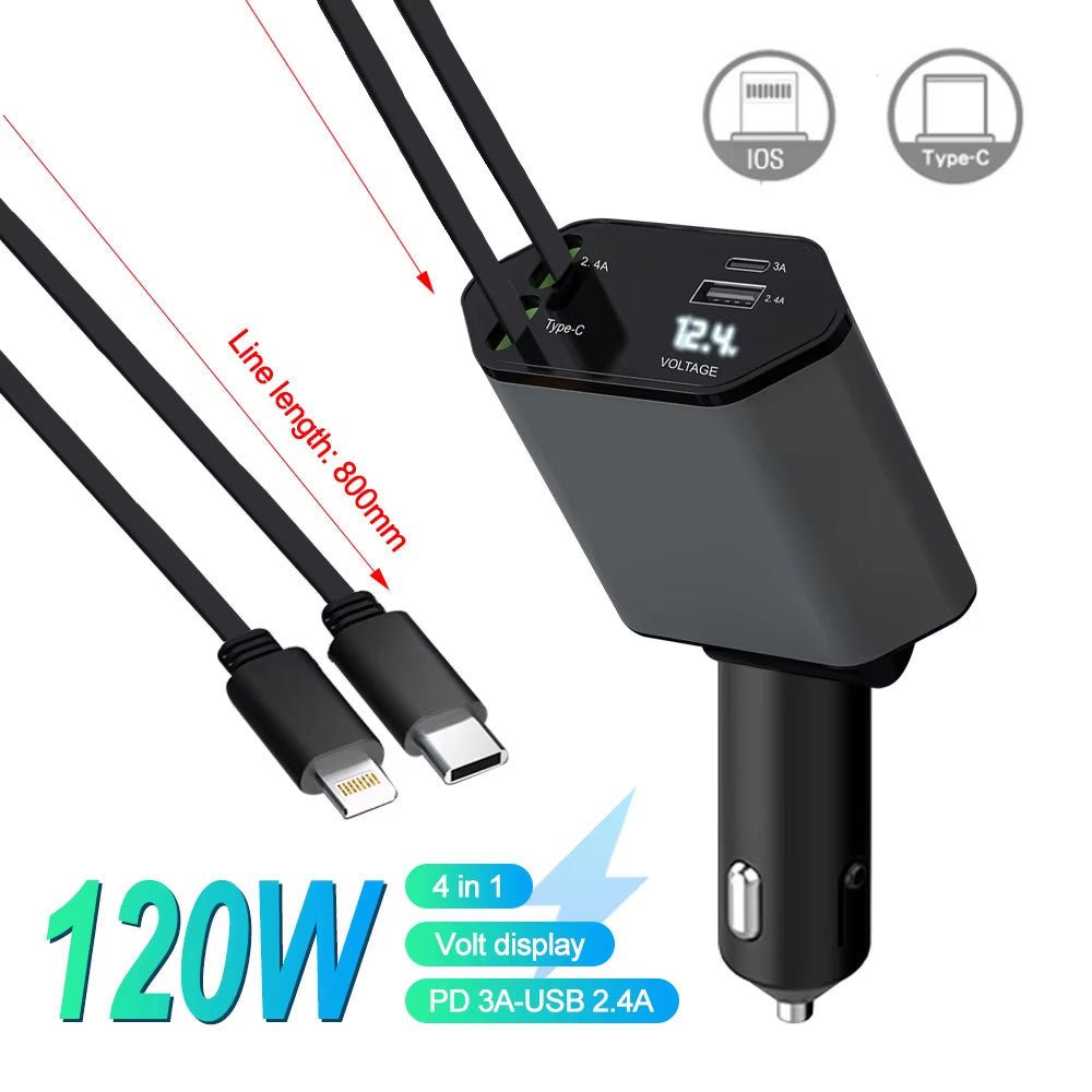 🔋 PD Car Charger 120W – 4 en 1 con Voltímetro y Carga Rápida