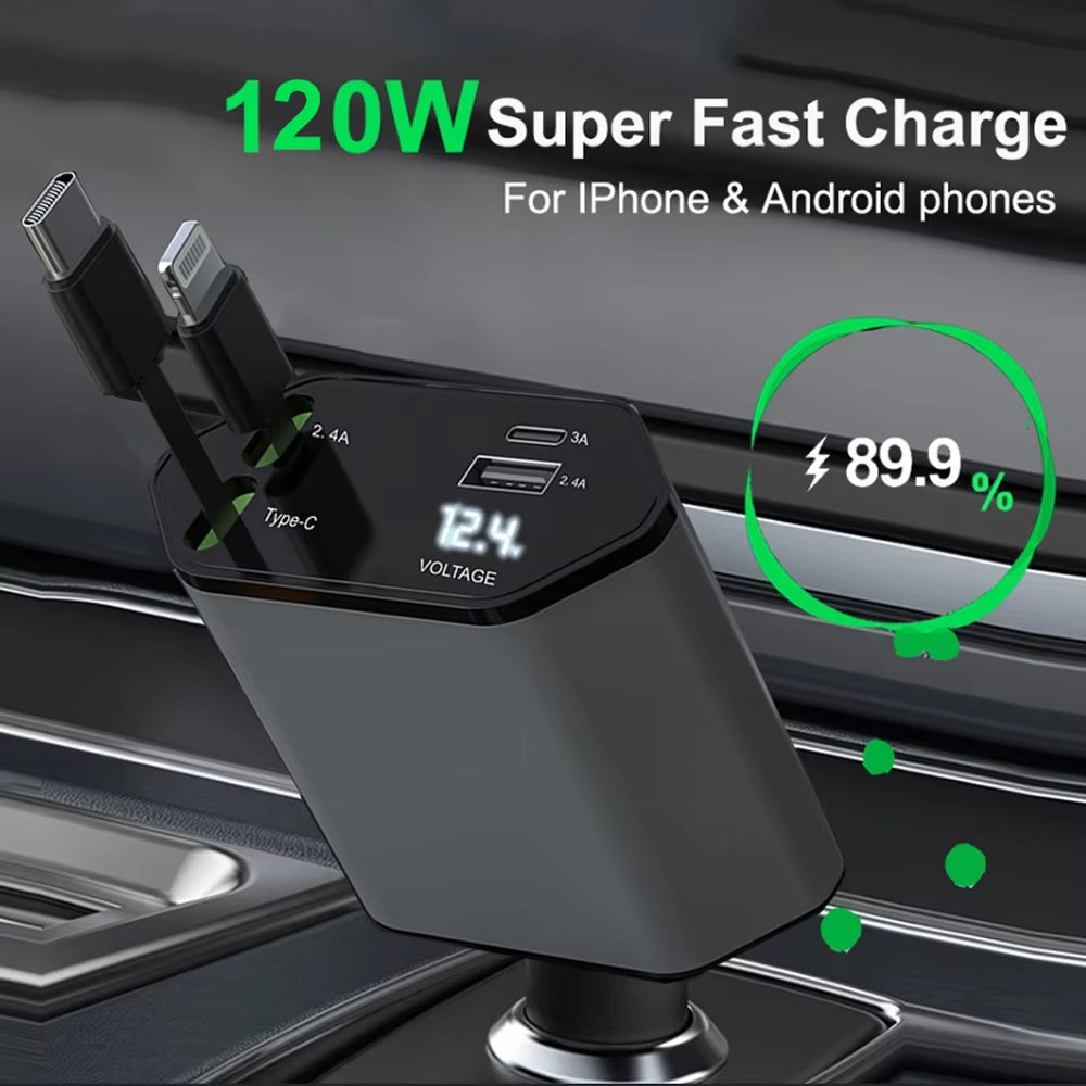 🔋 PD Car Charger 120W – 4 en 1 con Voltímetro y Carga Rápida