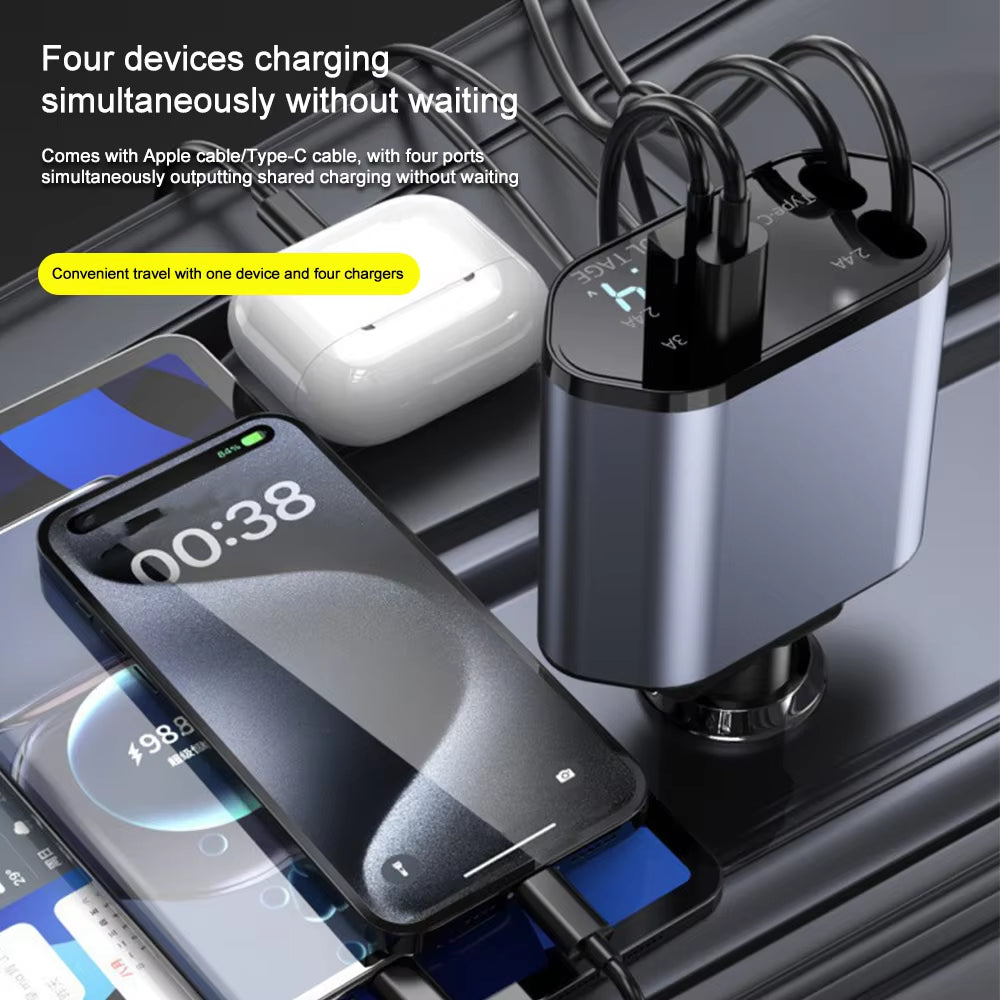 🔋 PD Car Charger 120W – 4 en 1 con Voltímetro y Carga Rápida