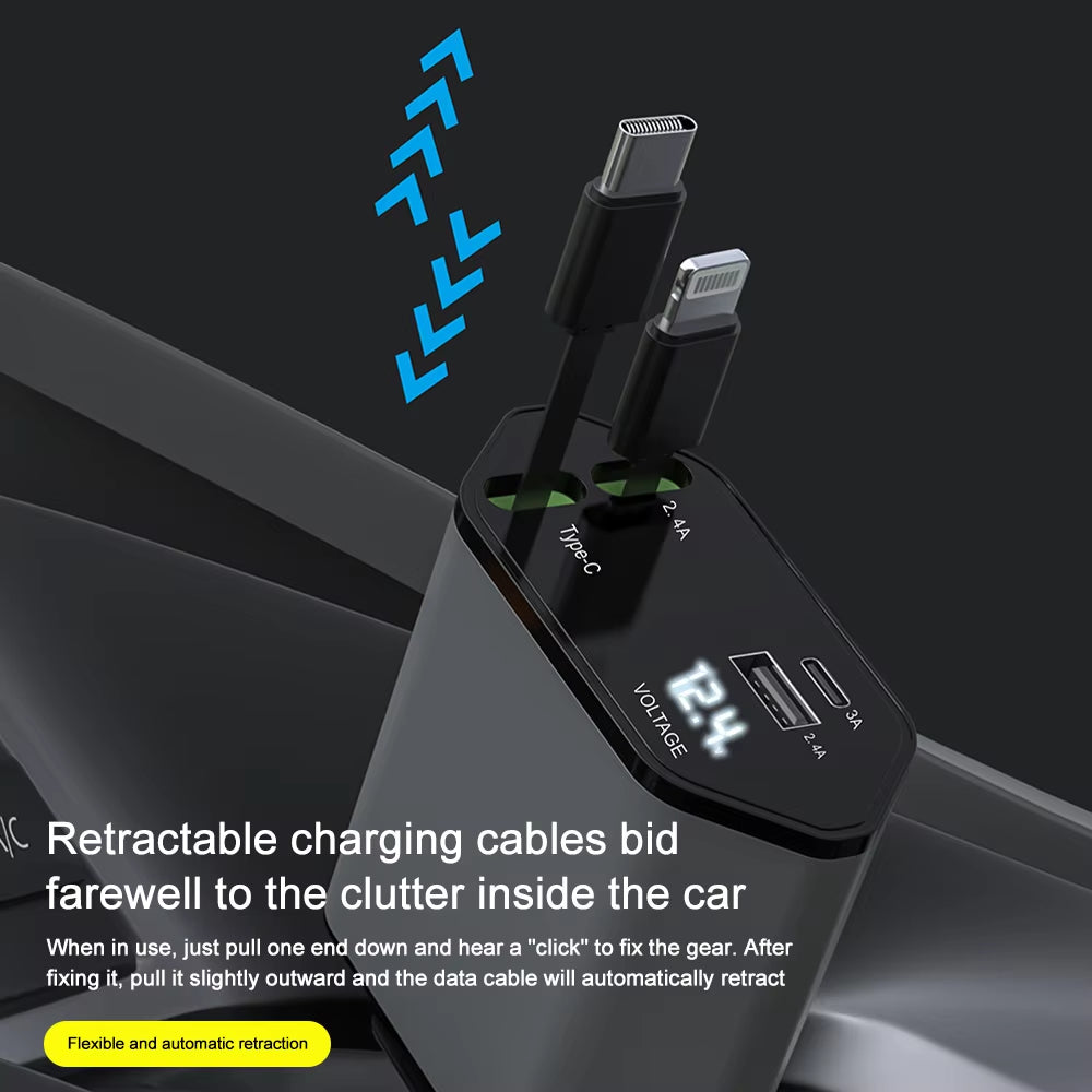 🔋 PD Car Charger 120W – 4 en 1 con Voltímetro y Carga Rápida
