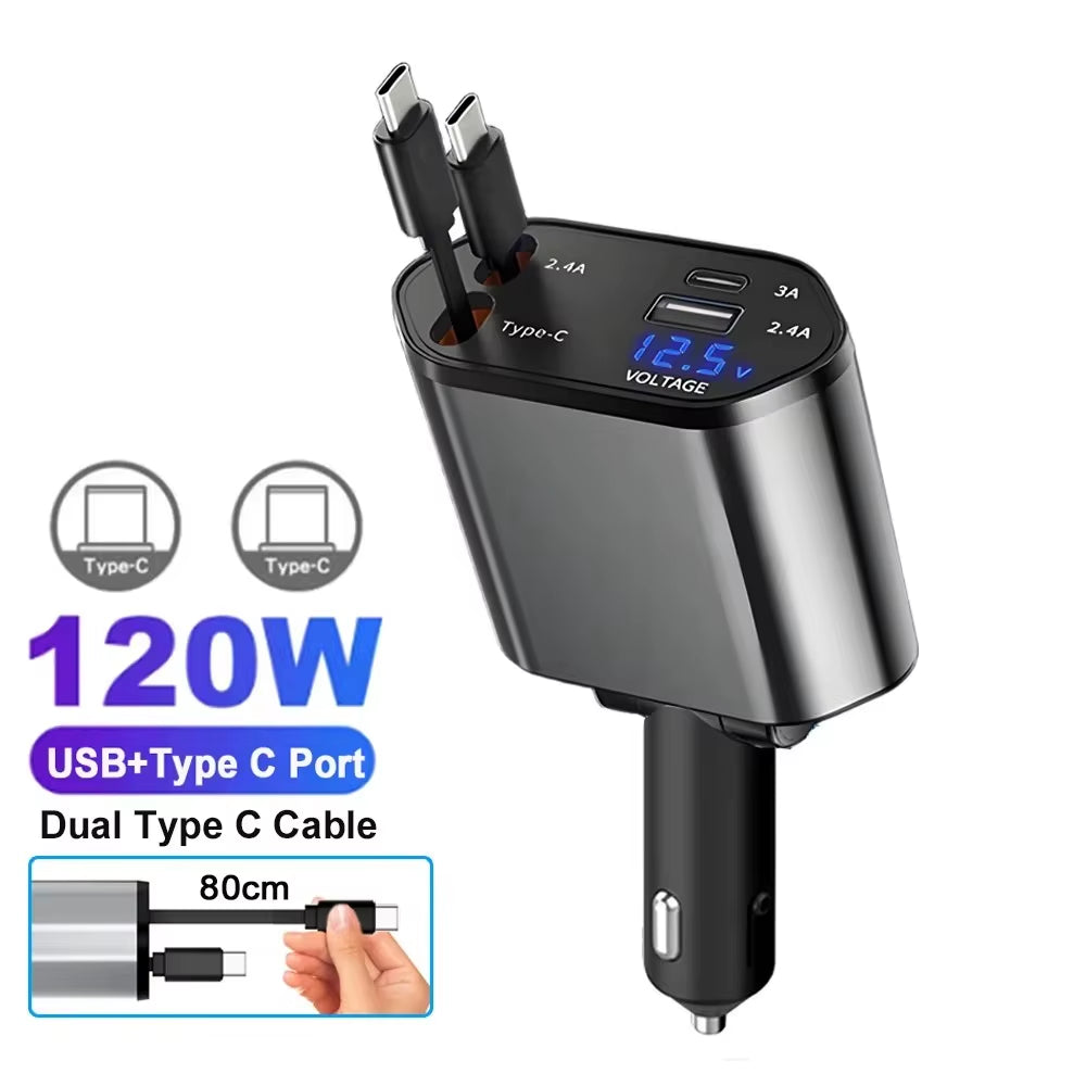 🔋 PD Car Charger 120W – 4 en 1 con Voltímetro y Carga Rápida