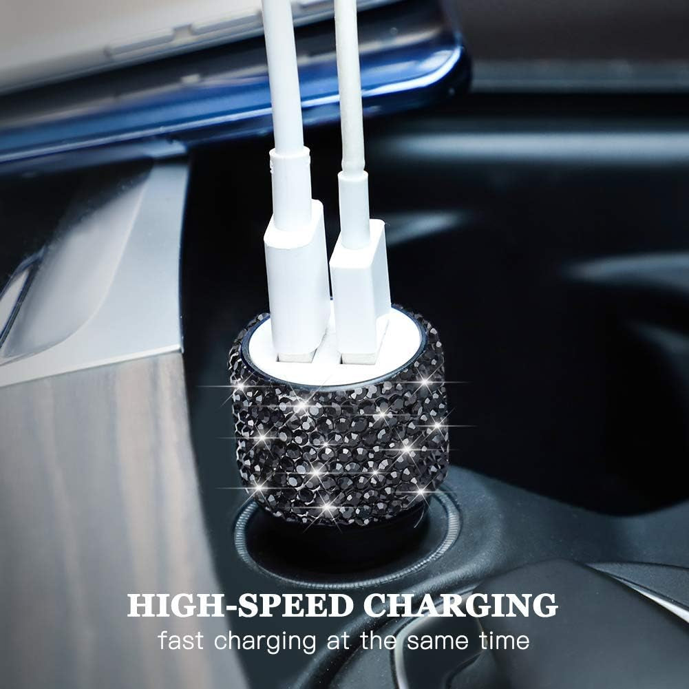 Dual USB Car Charger, Car Adapter Bling Bling Rhinestones Crystal Car Decorations for Fast Charging Car Decors for Iphone Xs Max X Plus, Ipad Pro/Mini, Samsung