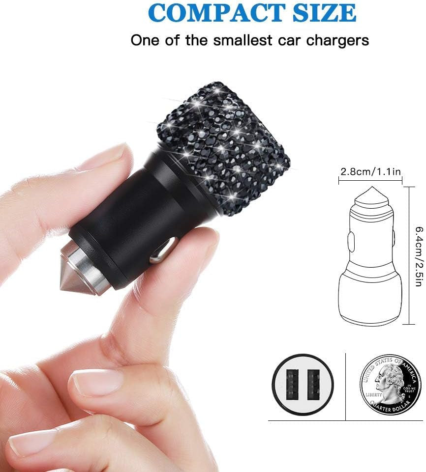 Dual USB Car Charger, Car Adapter Bling Bling Rhinestones Crystal Car Decorations for Fast Charging Car Decors for Iphone Xs Max X Plus, Ipad Pro/Mini, Samsung