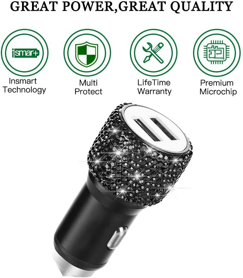 Dual USB Car Charger, Car Adapter Bling Bling Rhinestones Crystal Car Decorations for Fast Charging Car Decors for Iphone Xs Max X Plus, Ipad Pro/Mini, Samsung