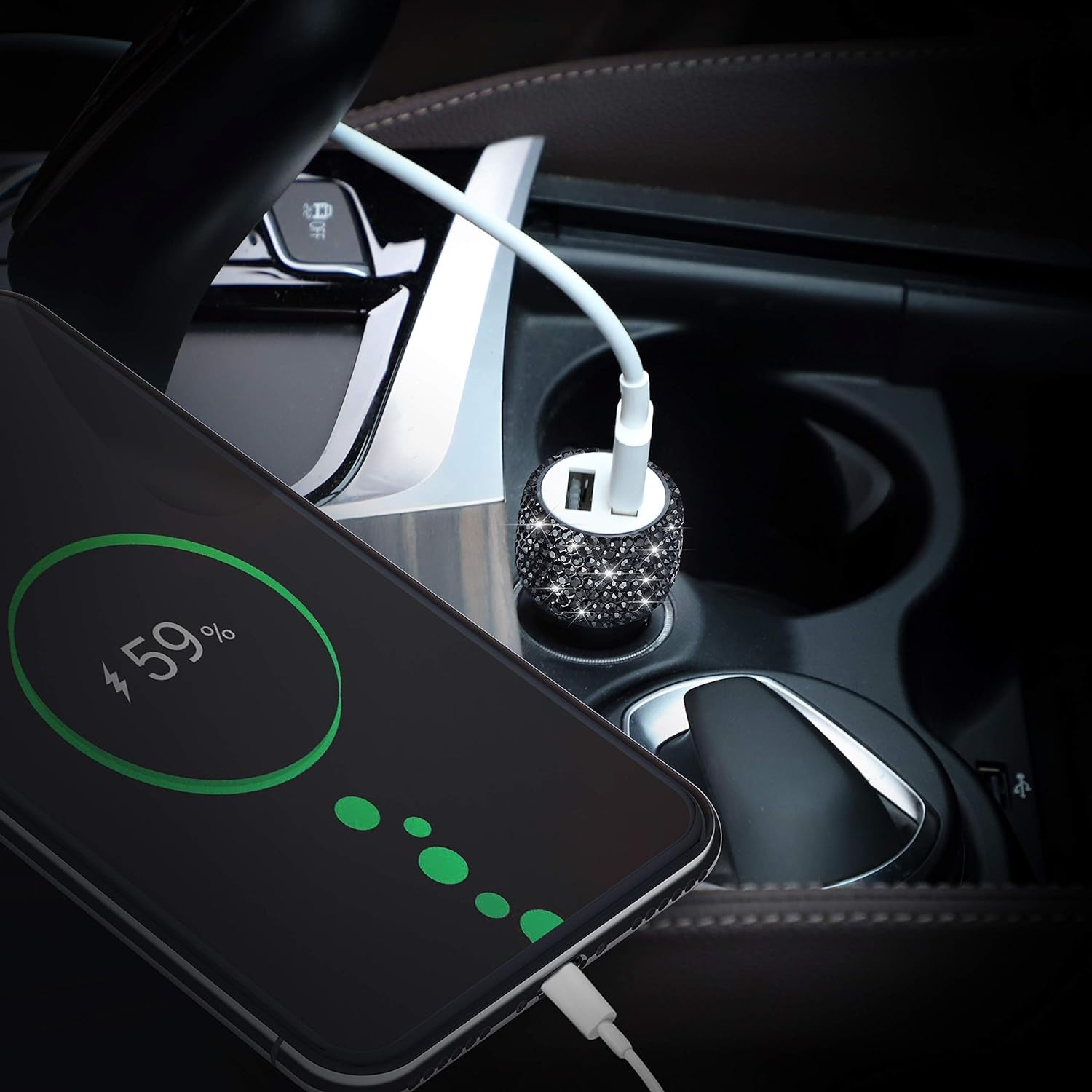 Dual USB Car Charger, Car Adapter Bling Bling Rhinestones Crystal Car Decorations for Fast Charging Car Decors for Iphone Xs Max X Plus, Ipad Pro/Mini, Samsung